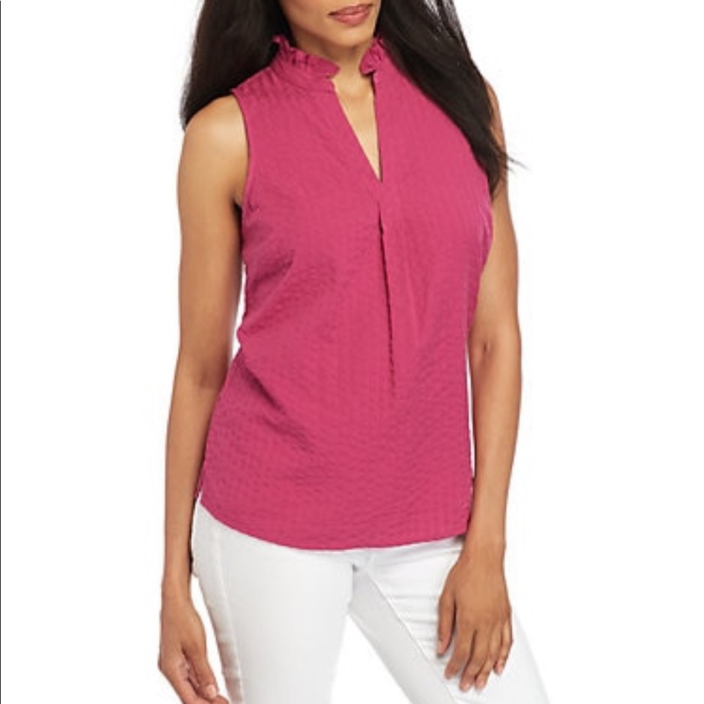 Petite Sleeveless Ruffle Split Neck Blouse